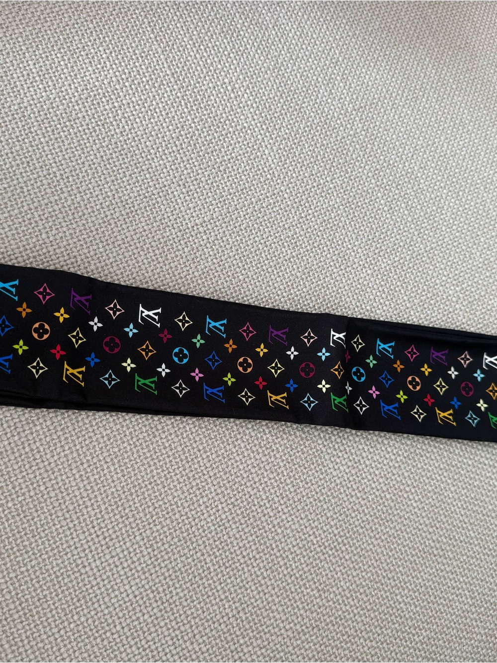 Louis Vuitton Black Silk Hair Scarf with Multicolor Monogram